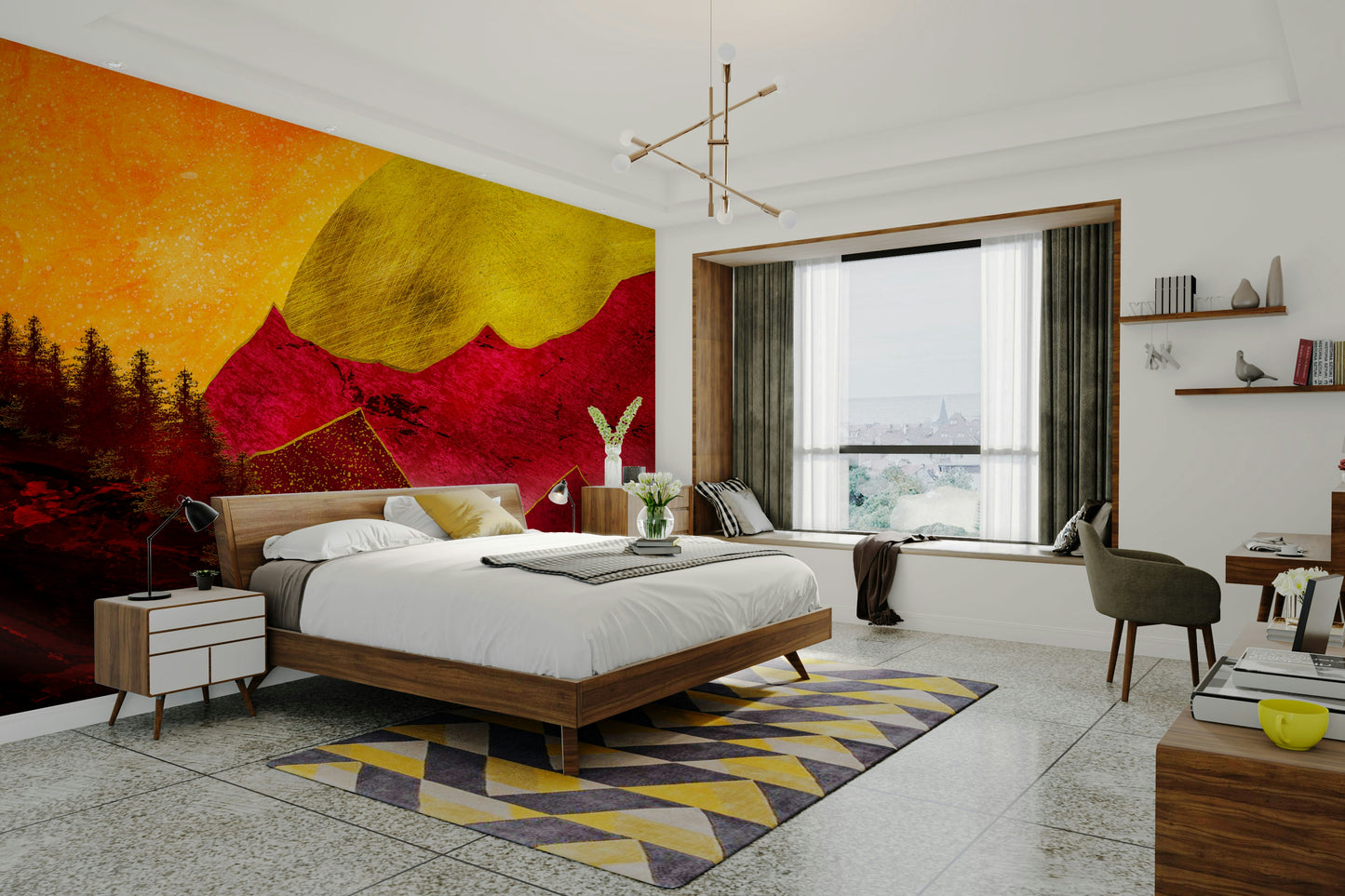 Abstract red mountain wallpaper with glowing sun for striking wall decor