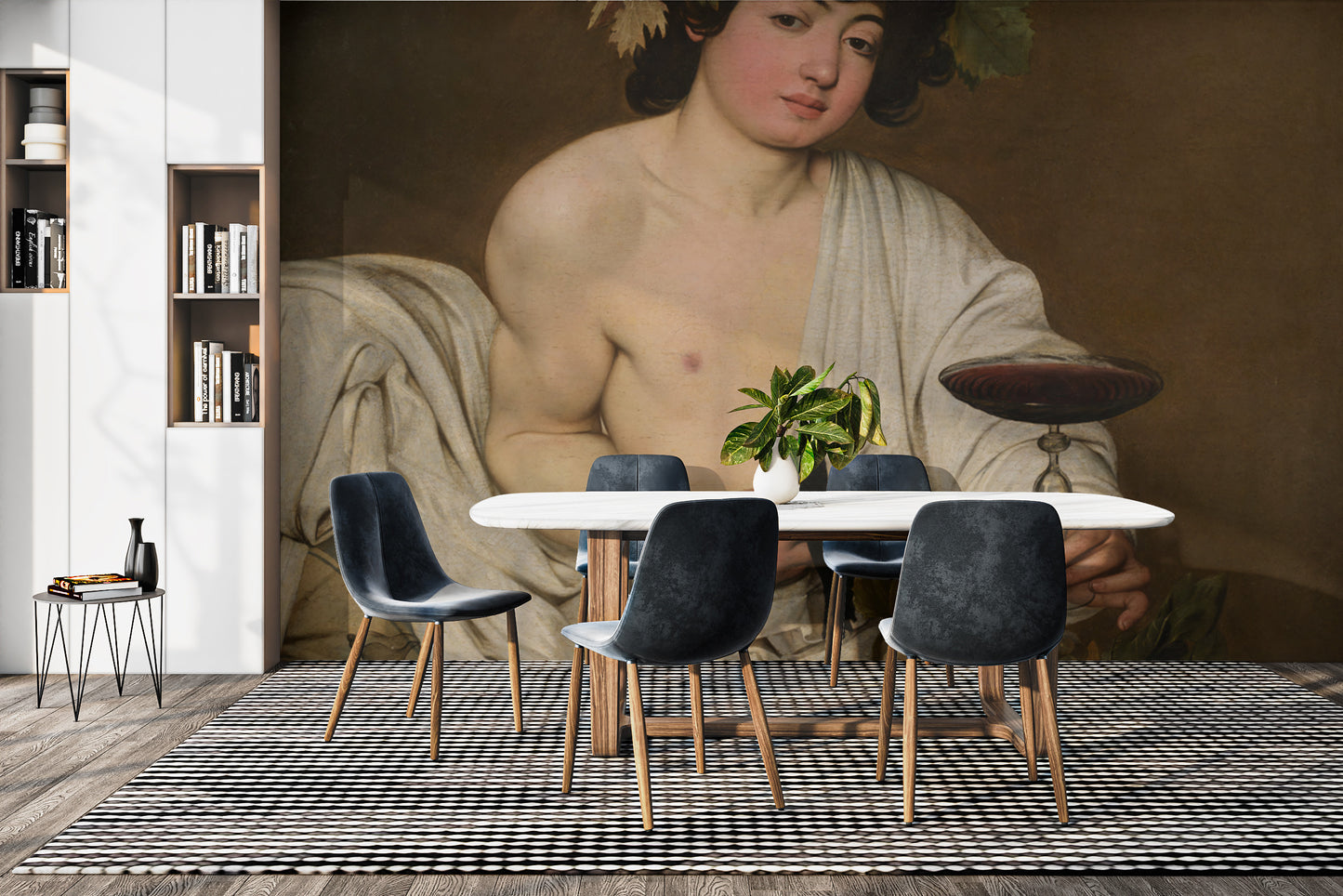 Bacchus artwork showcasing wine and grapes in Roman mythology theme.