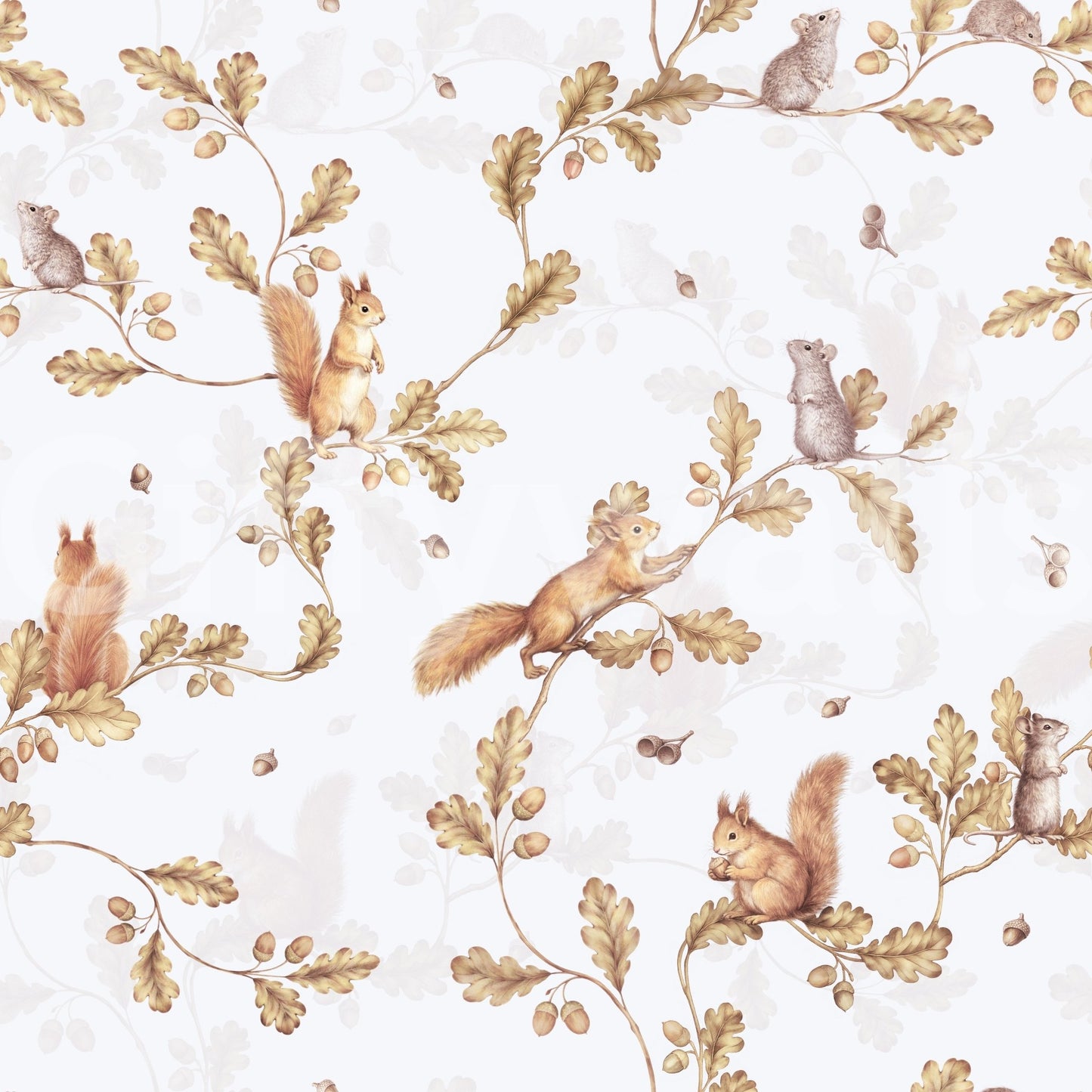 18th Rococo Forest Chinoiserie with Squirrels and Mice on Oak Tree Branches off white Wallpaper