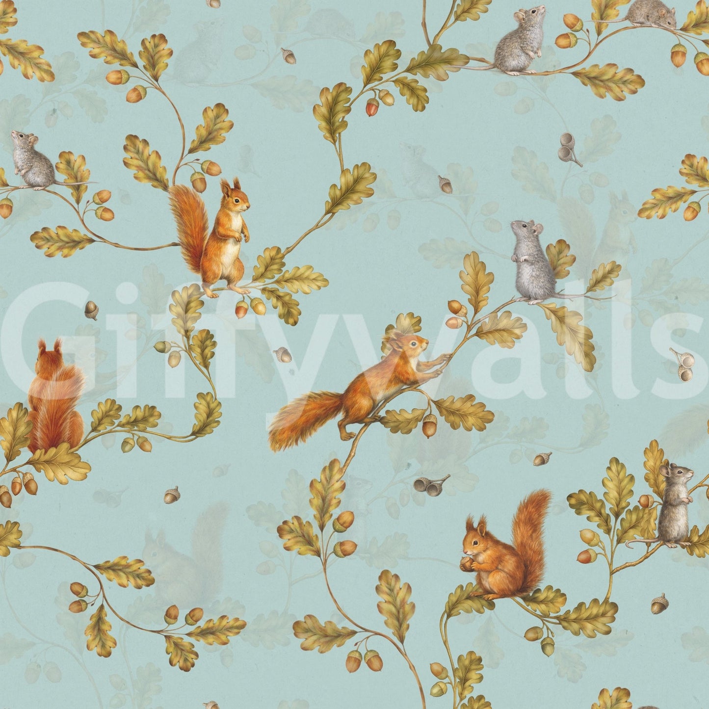 18th Rococo Forest Chinoiserie with Squirrels and Mice on Oak Tree Branches teal Wallpaper