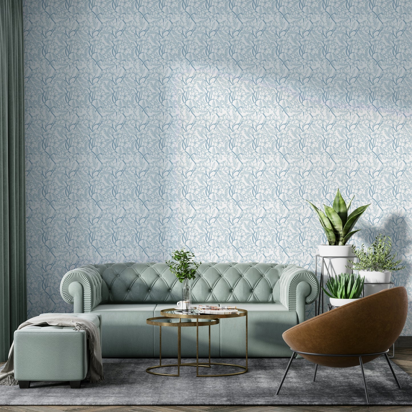 Tranquil light blue floral wallpaper for modern and classic decor