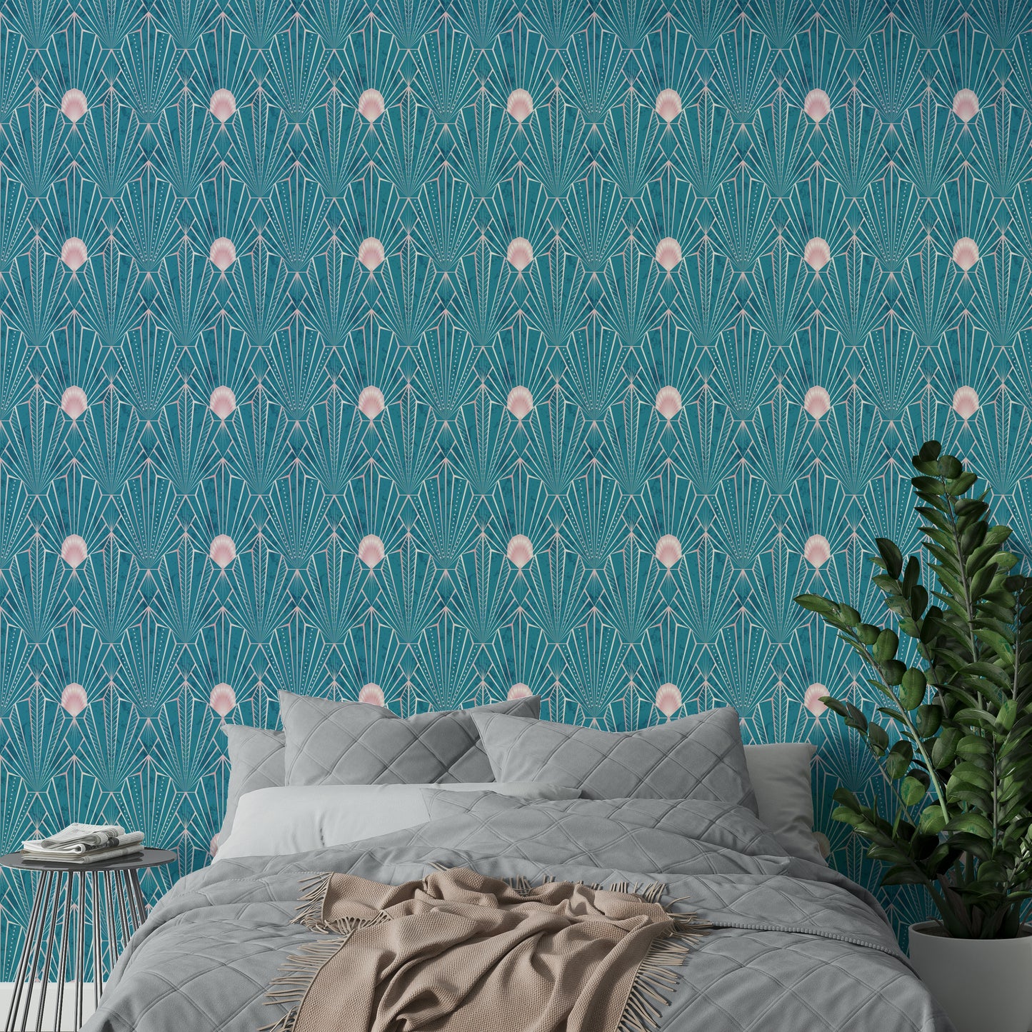 Statement wallpaper with teal backdrop and Deco lines