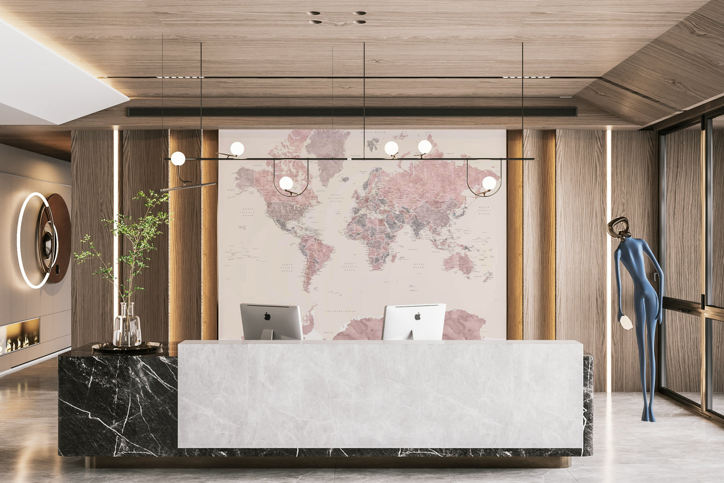 Stylish pink world map wallpaper for modern homes