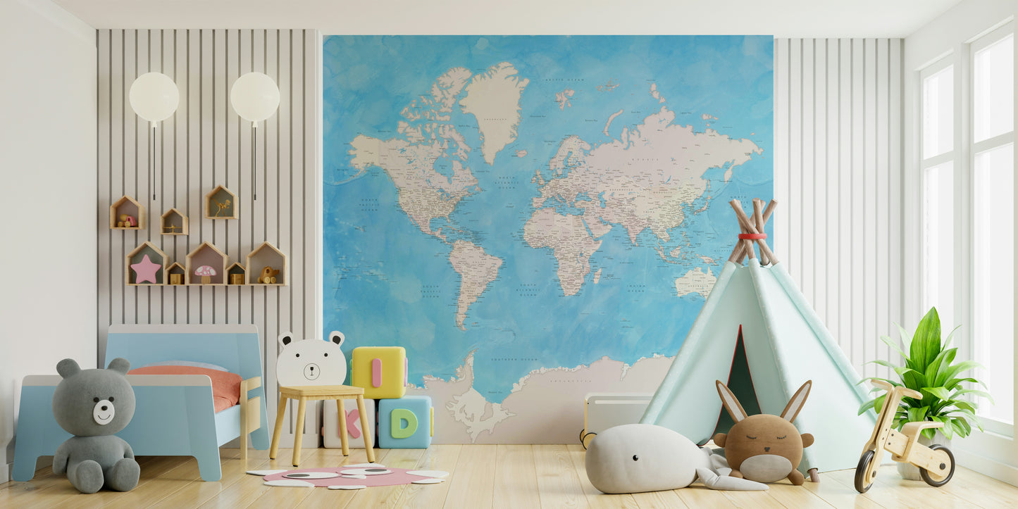 Artistic blue world map wallpaper with hand-painted style