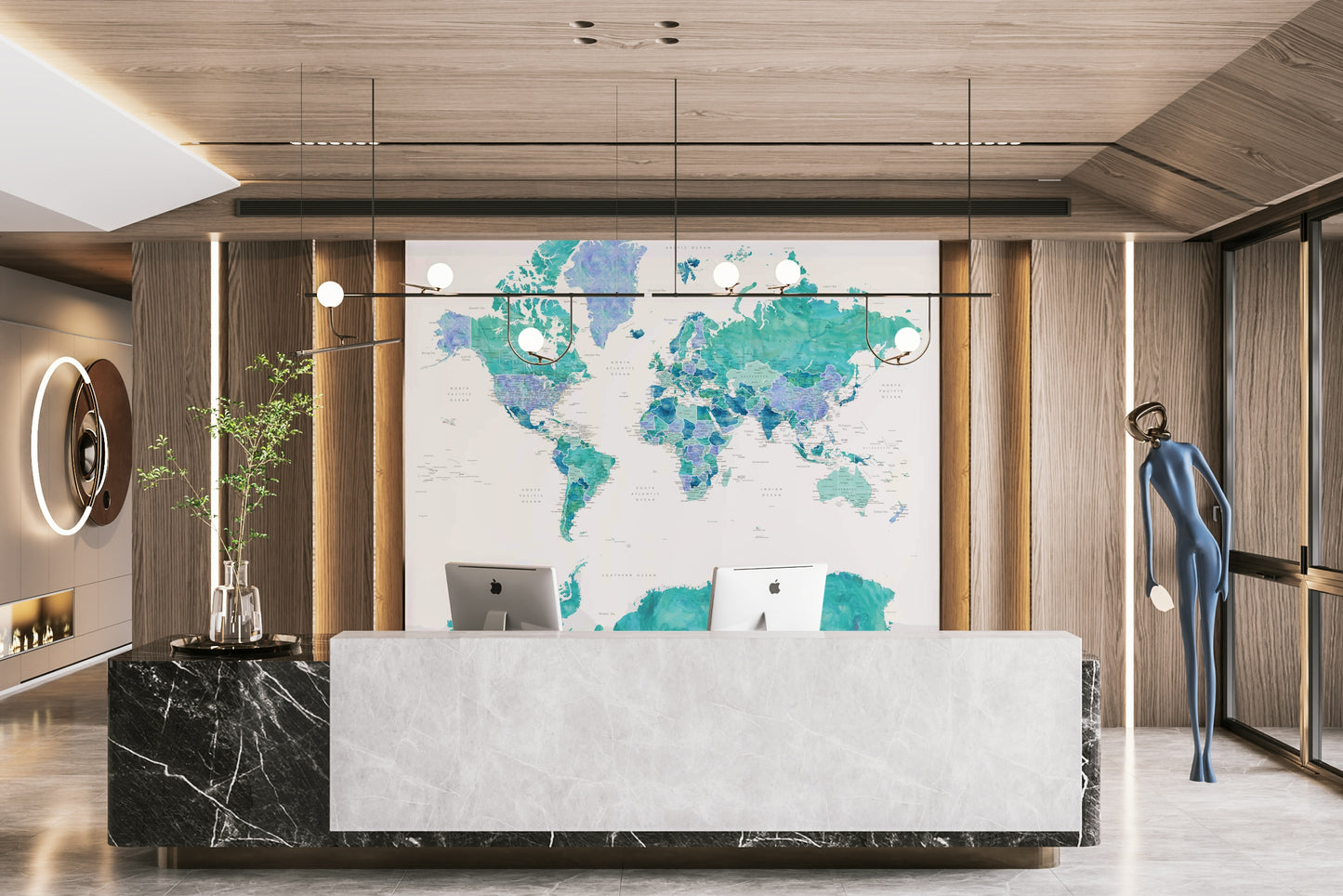 Contemporary turquoise watercolor wallpaper with world map