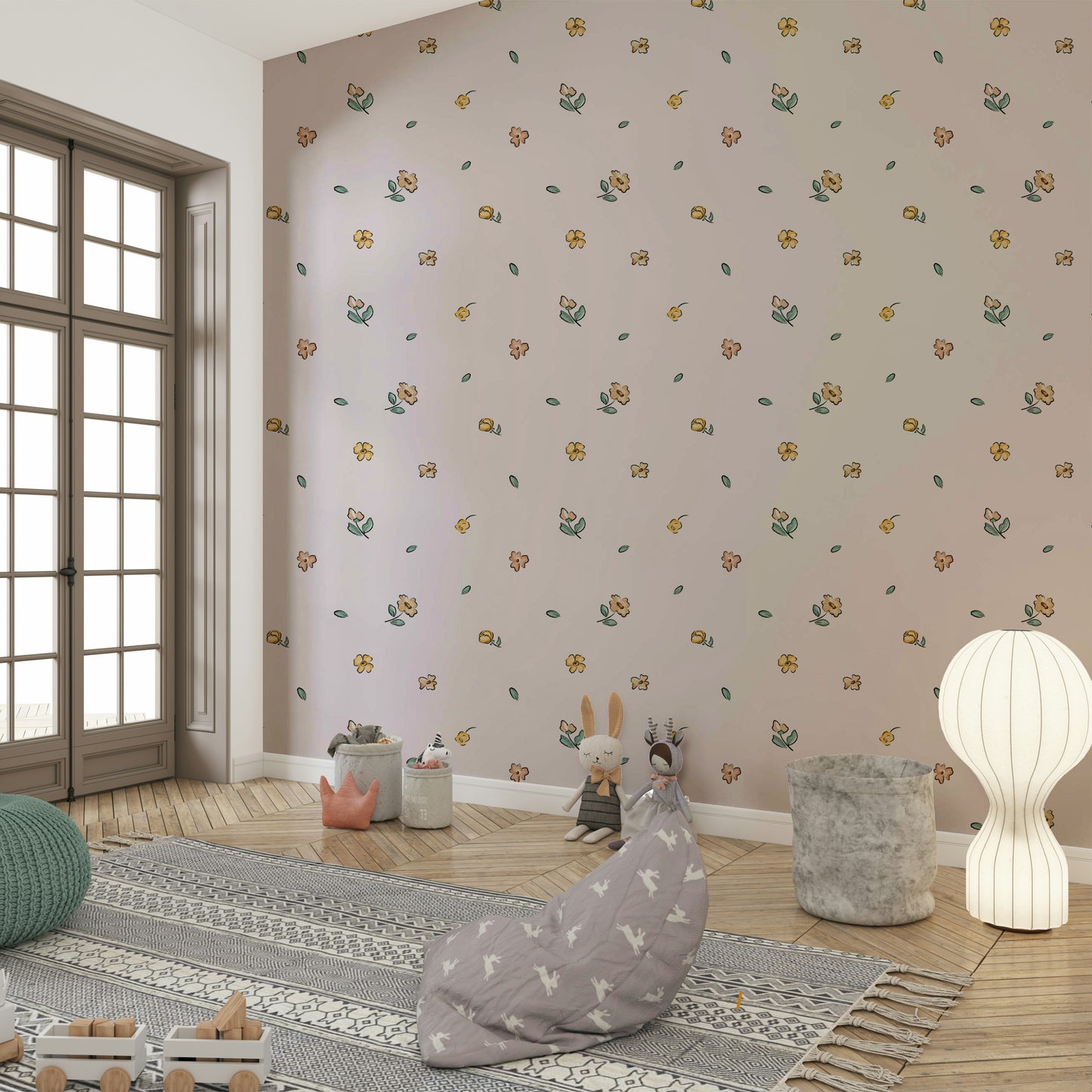 Nature-inspired meadow print wallpaper in soft hues