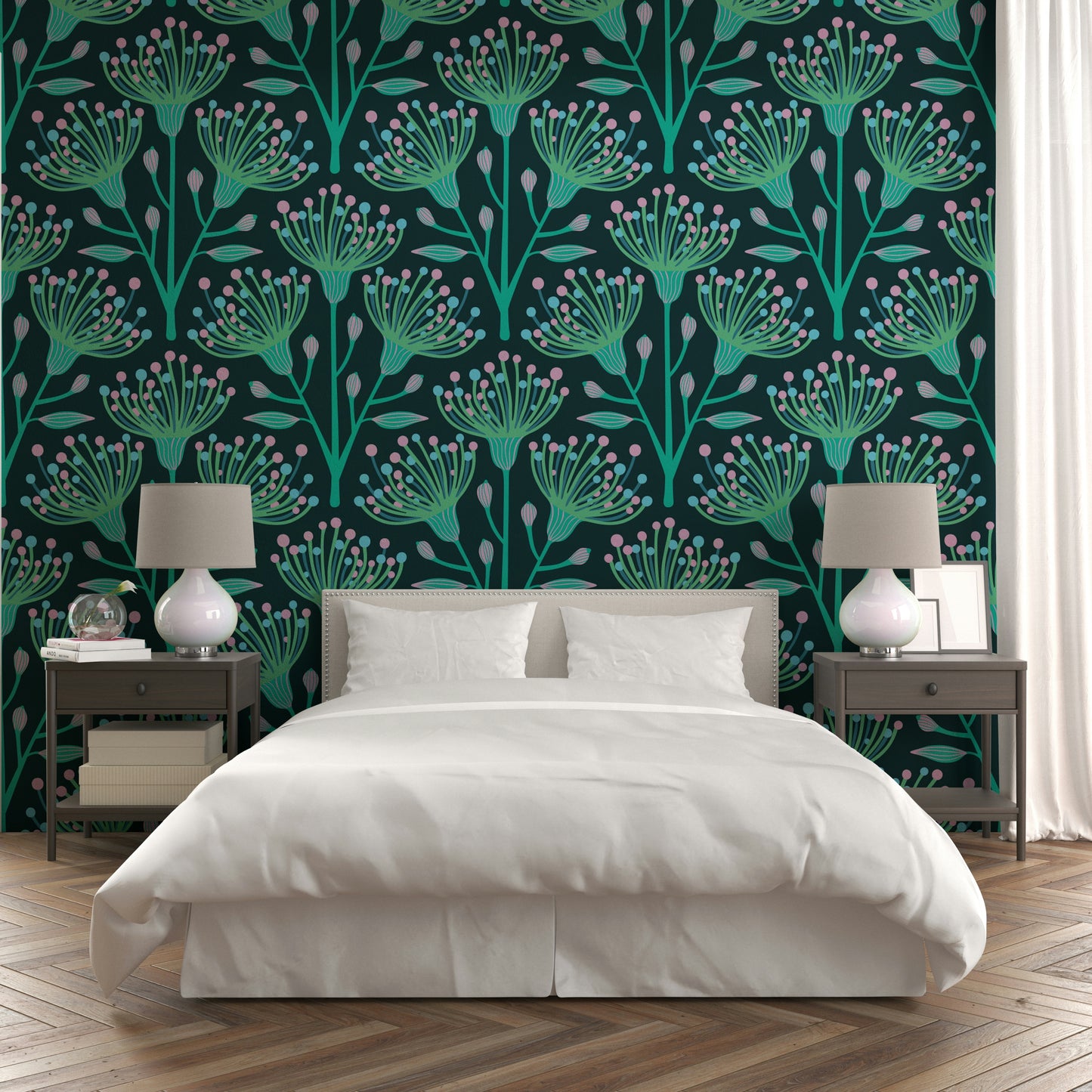 A wall mural of a floral botanical pattern.