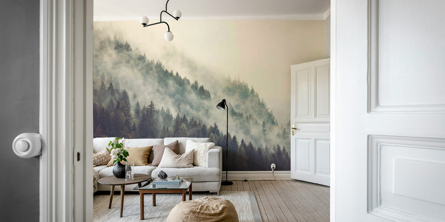 A calming serene mountain wallpaper mural that defines a space.