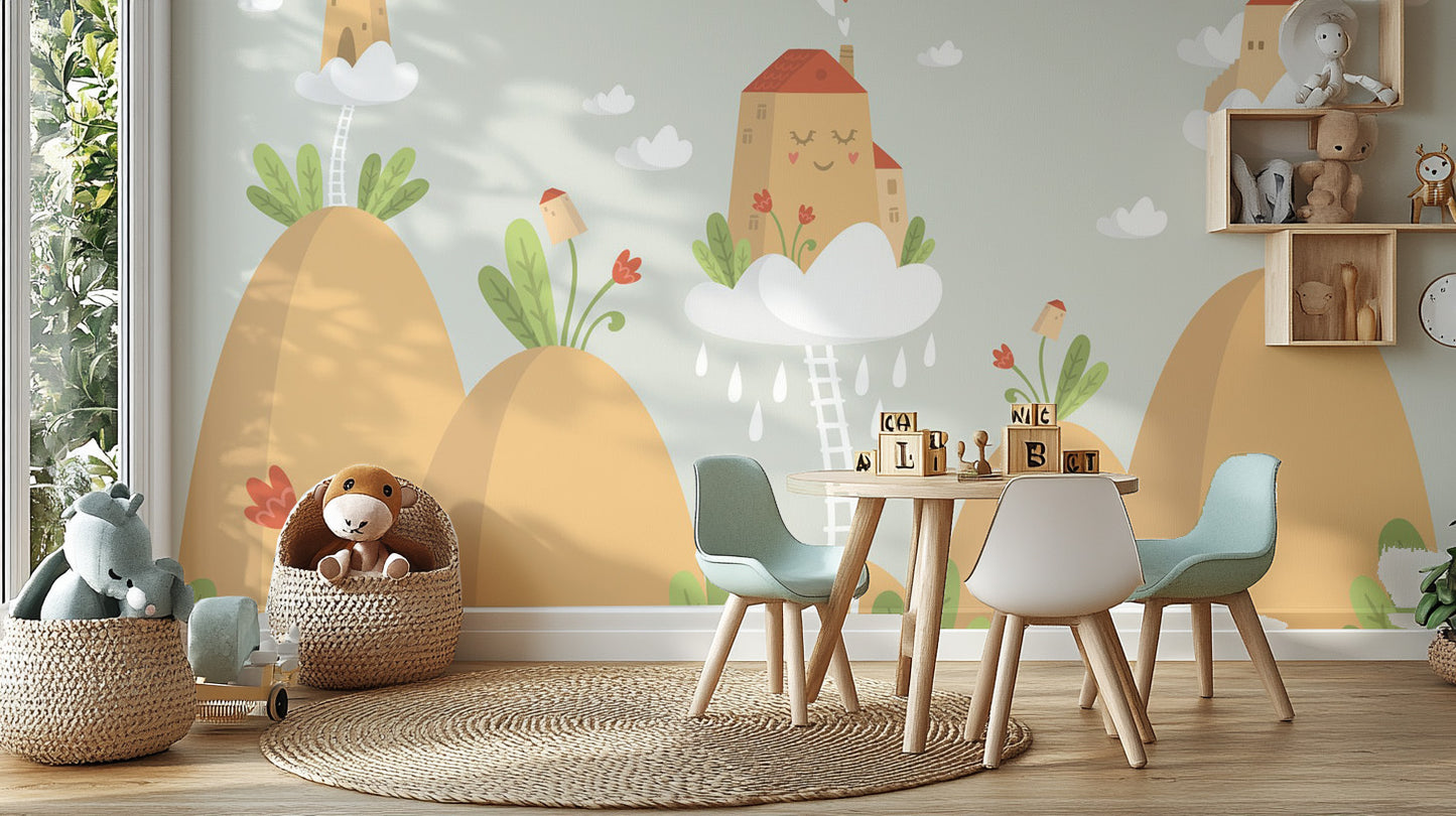 Warm house and hill wallpaper decor