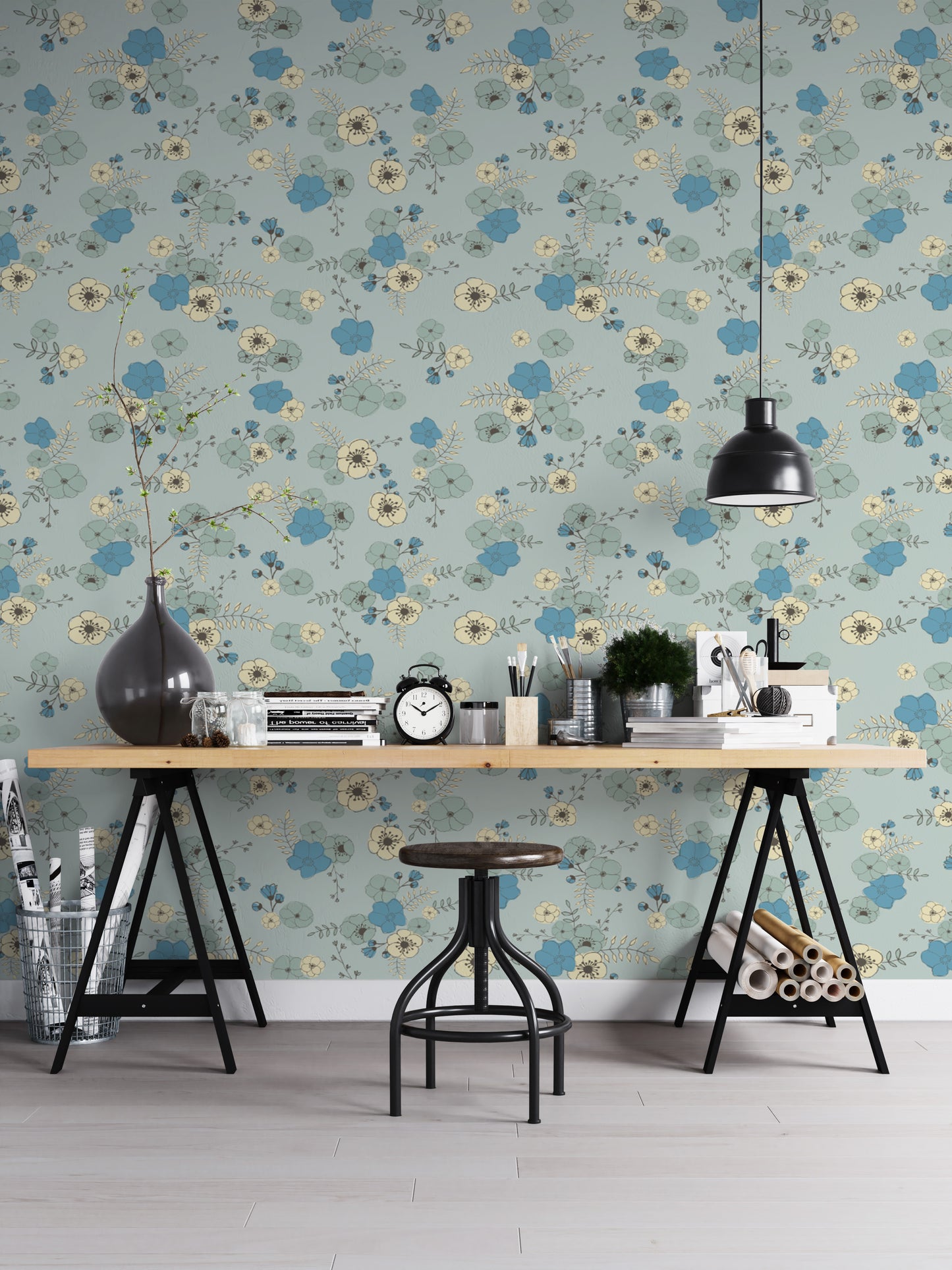 Stylish pastel blue wallpaper with intricate floral accents.