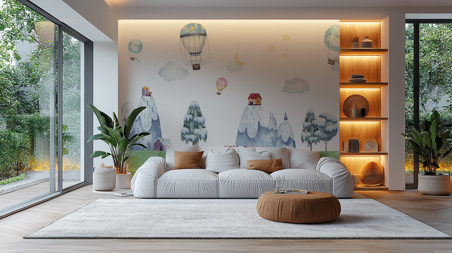 Whimsical wallpaper with hot air balloons and mountains