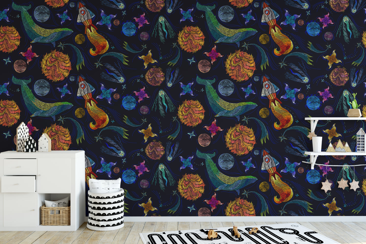 Space adventure wallpaper with whales