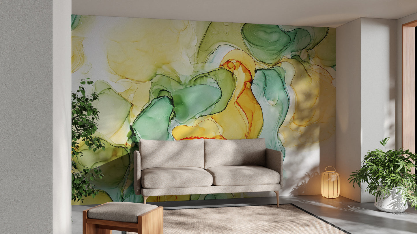 Dynamic alcohol ink wallpaper mural for artistic wall aesthetics.