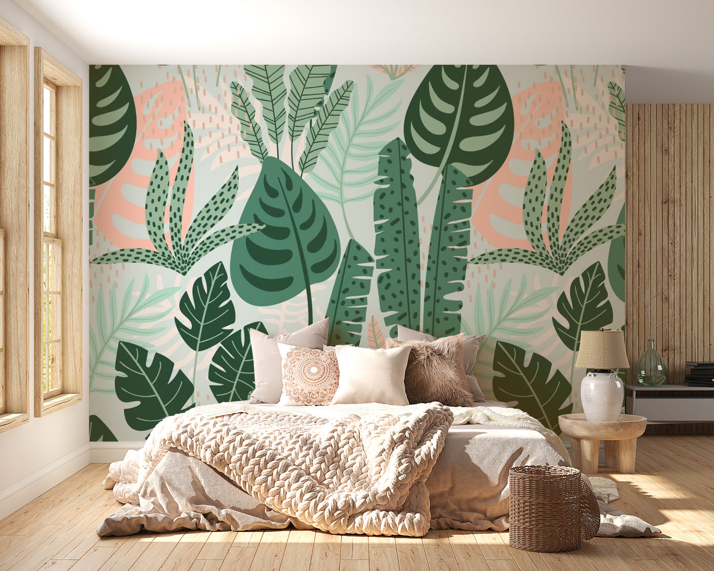 Minimalist Green Leaf Pattern Wallpaper