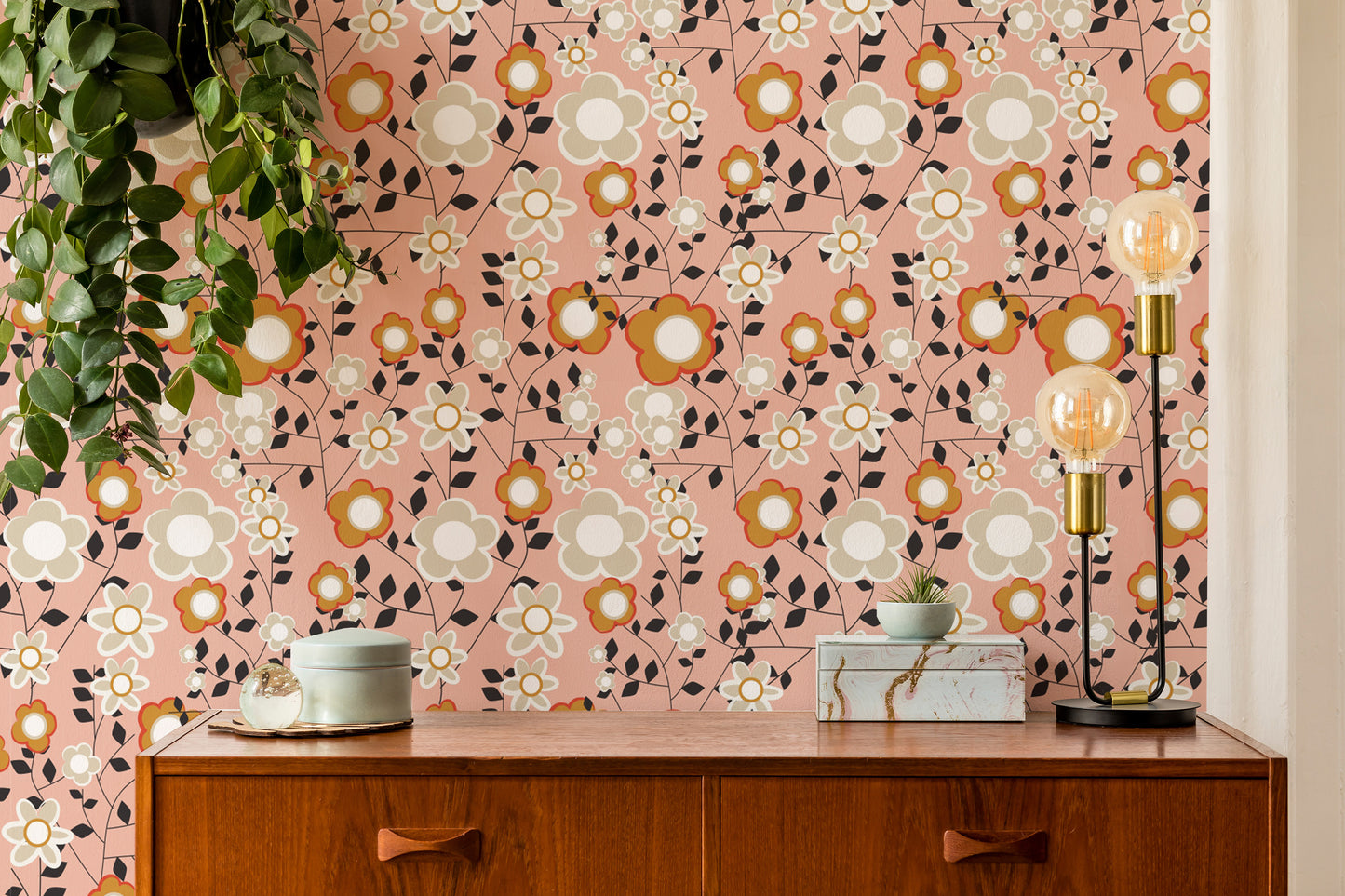 Artistic flower mural with light pink backdrop