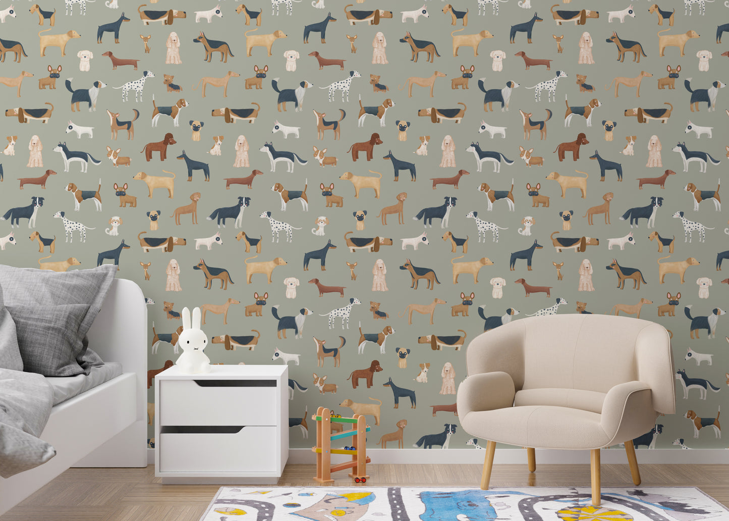 Puppy-themed wallpaper for nursery walls