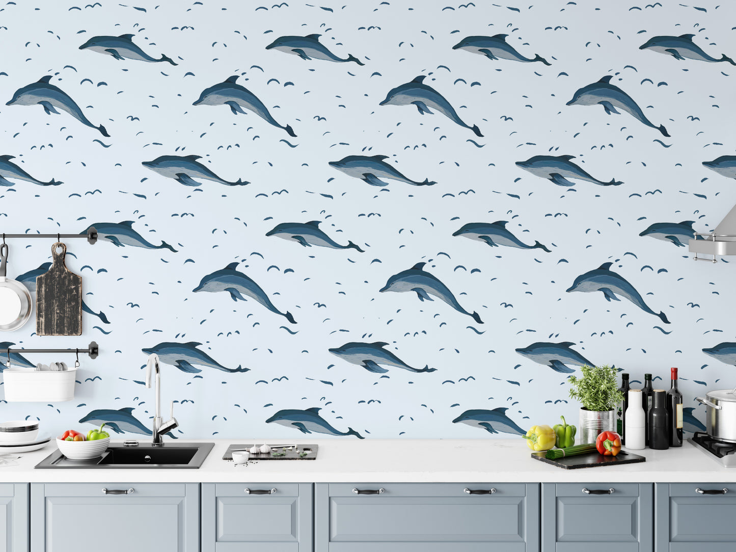 Whimsical dolphins wallpaper for kids’ rooms or nautical themes.
