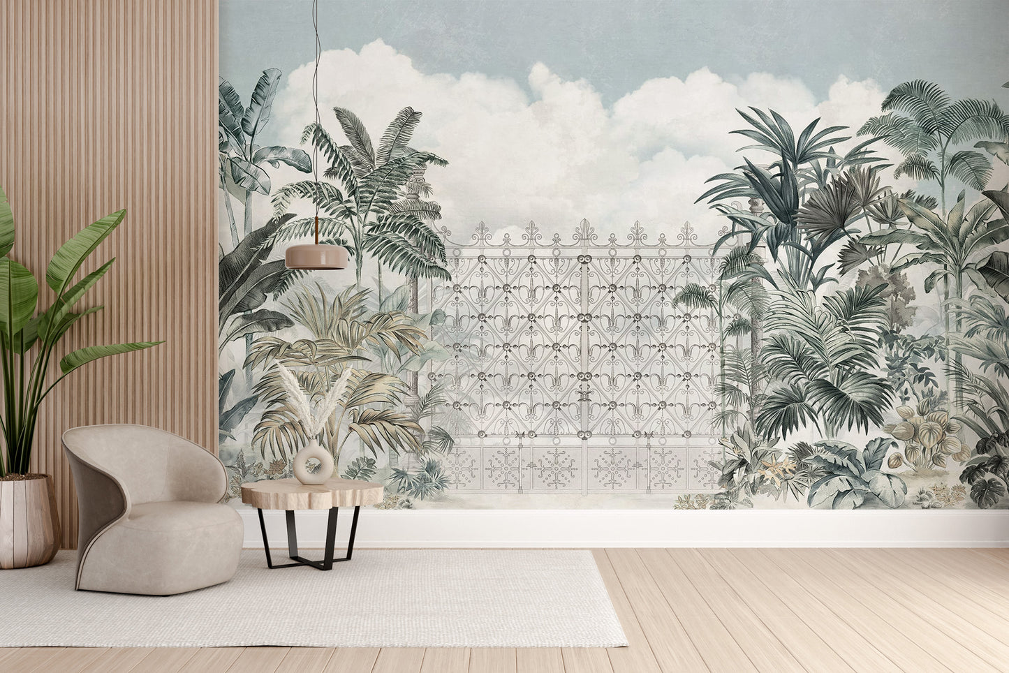 Artistic garden gate with tropical accents