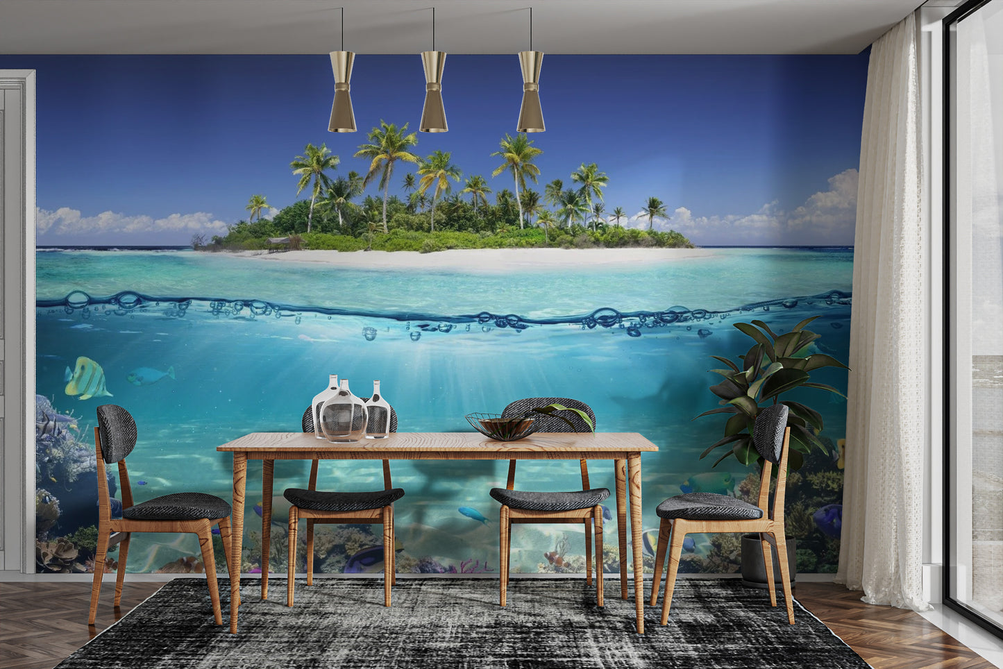 Tropical paradise mural with a blue ocean and palm-lined beach.