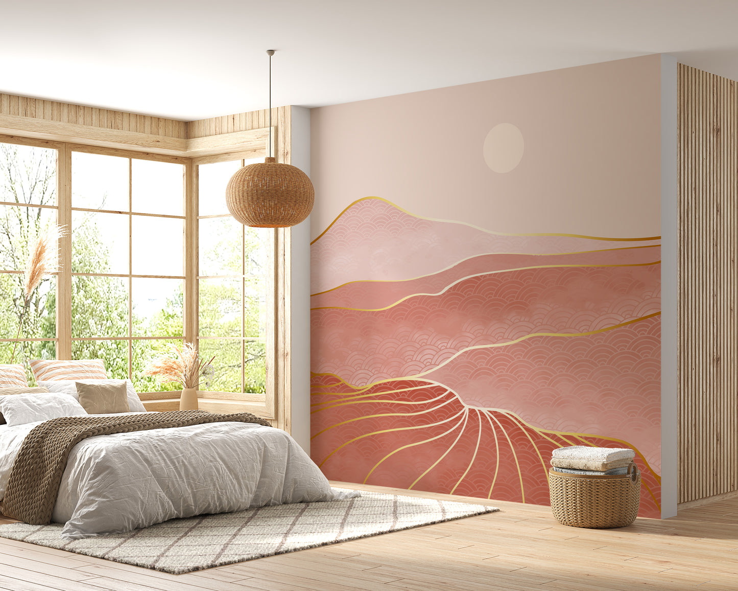 Chic mountain wallpaper in pink and gold hues