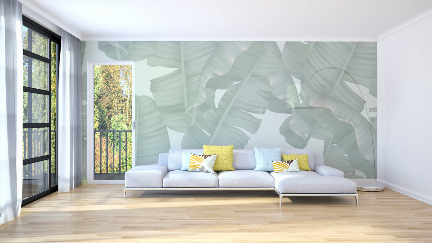 Chic green tropical mural with banana leaves