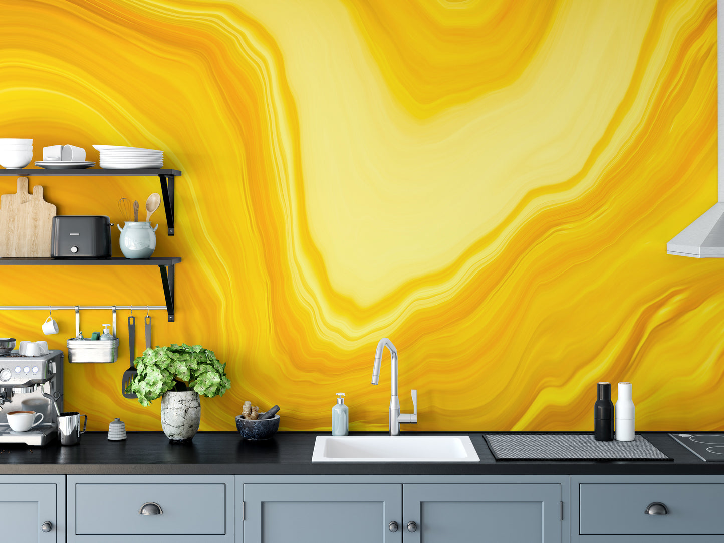 Fluid metallic yellow wallpaper mural for homes