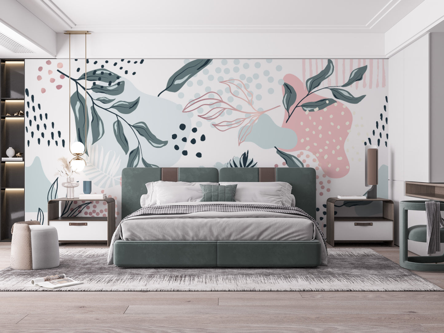 Trendy mural with vibrant and modern leaf patterns