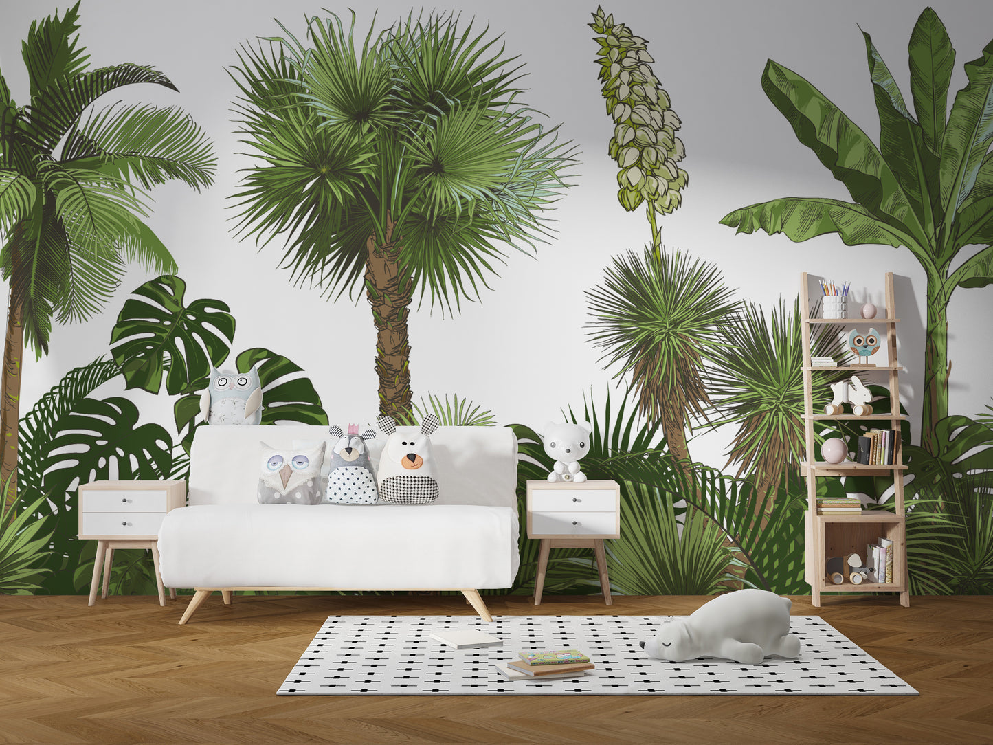 Lush tropical vibe with forest wall murals
