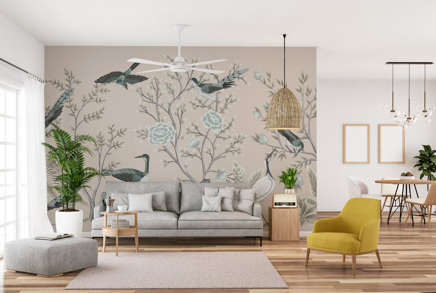 Timeless crane bird mural on cream backdrop