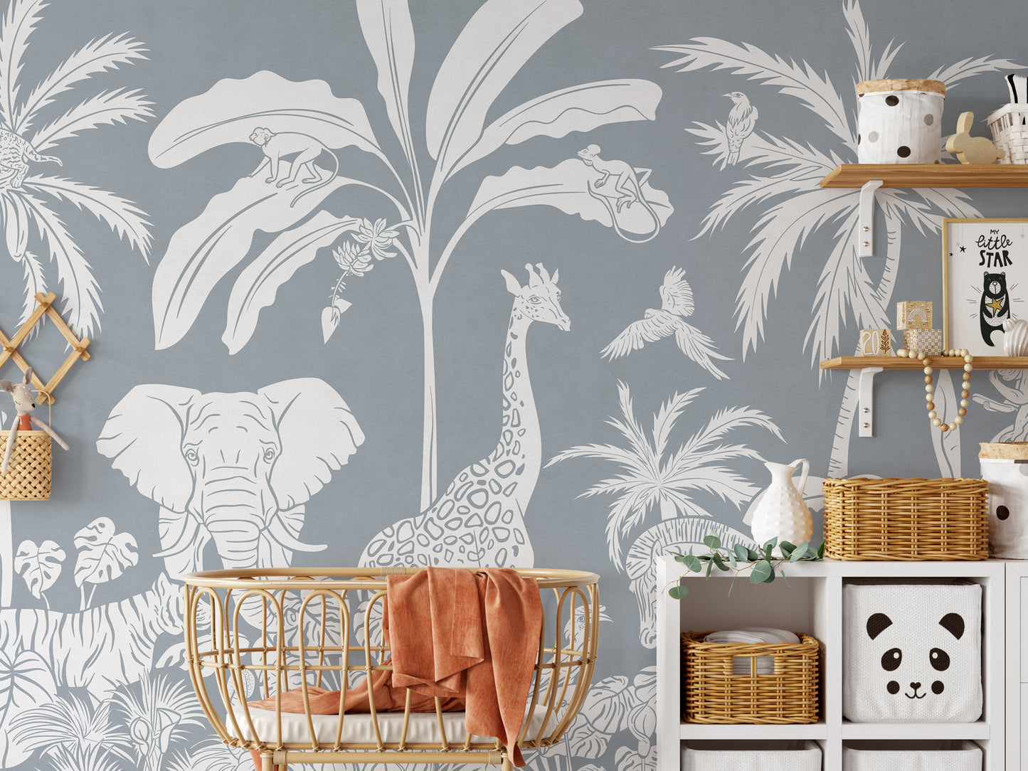Monochrome Blue Jungle Leaves Mural