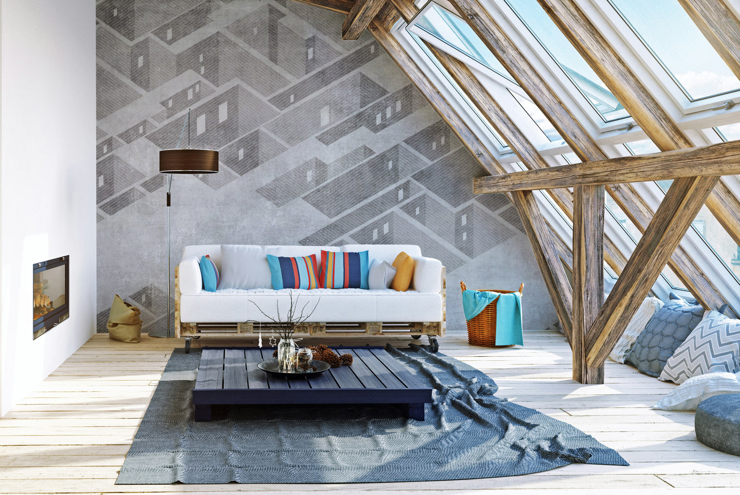 Urban-inspired mural featuring abstract building vector graphics.