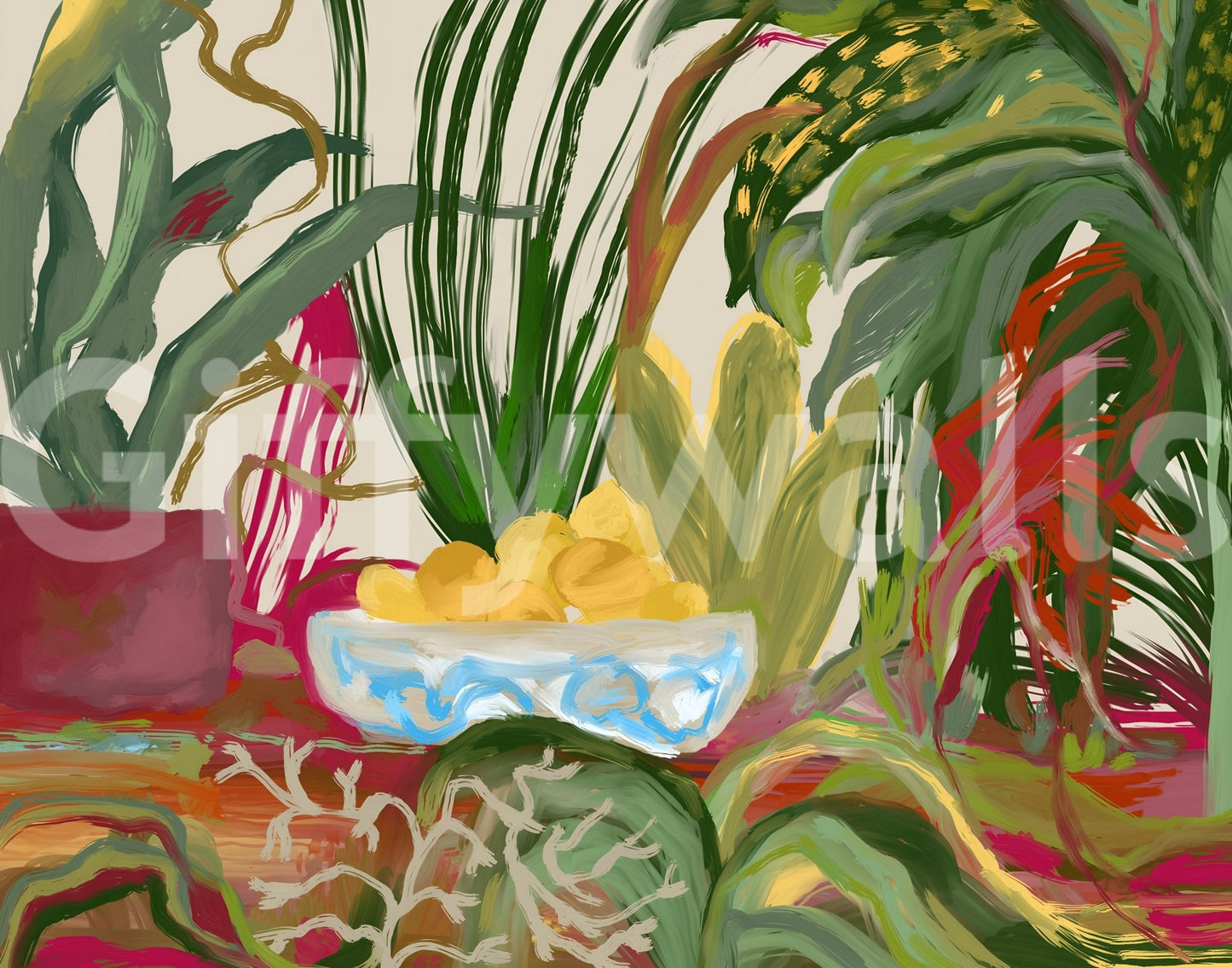 Abstract Eden Botanical still life lemons Wall Mural displays lush green layers.