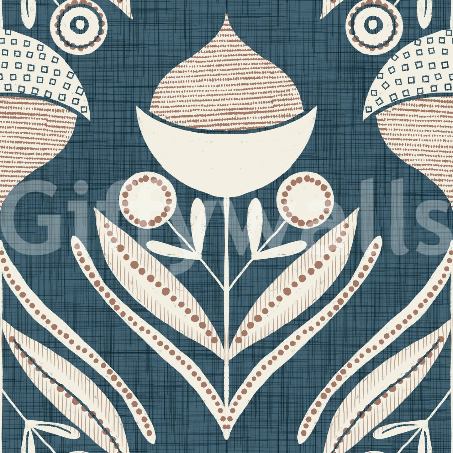 Decorative wallpaper with repeating geometric flowers, small buds, and sweeping leaf forms.