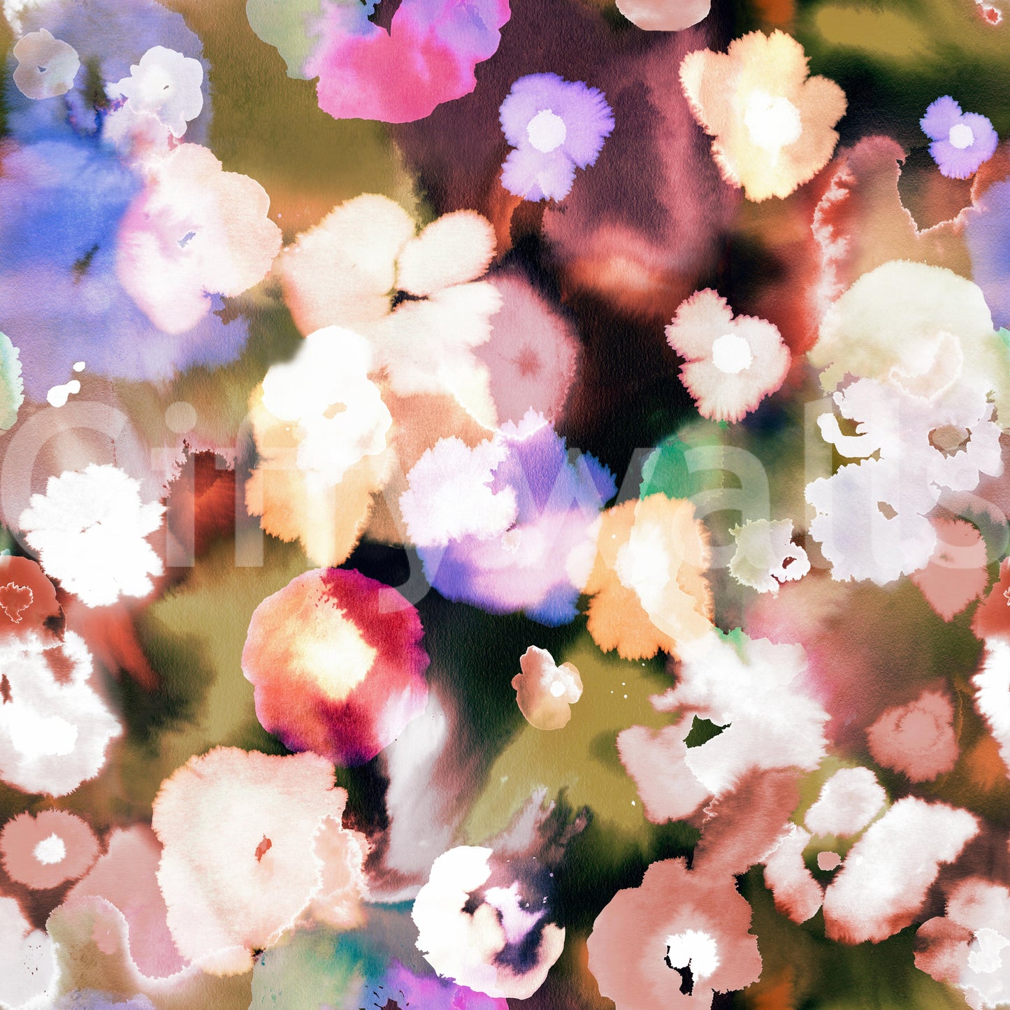 Abstract Modern Flowers Colorful Sunset wallpaper mural close-up of pink and purple watercolor blooms