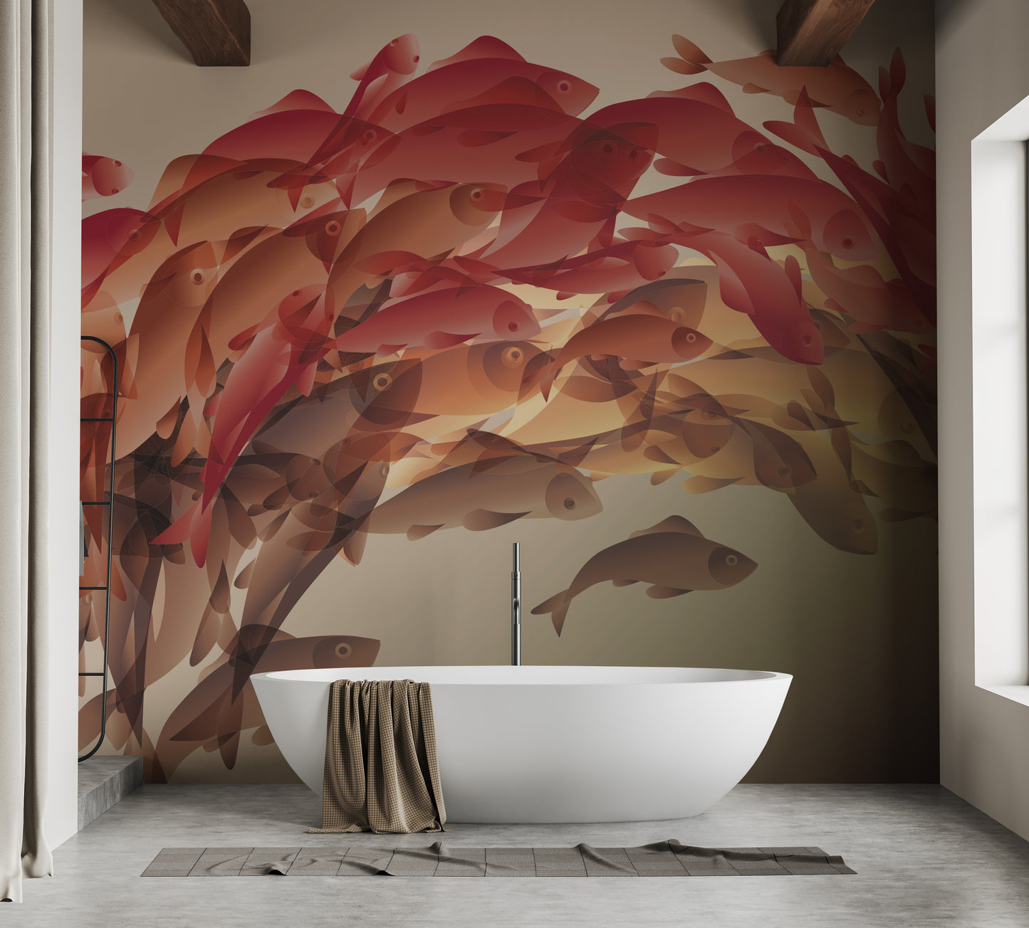 Subtle koi fish mural with gradient tones