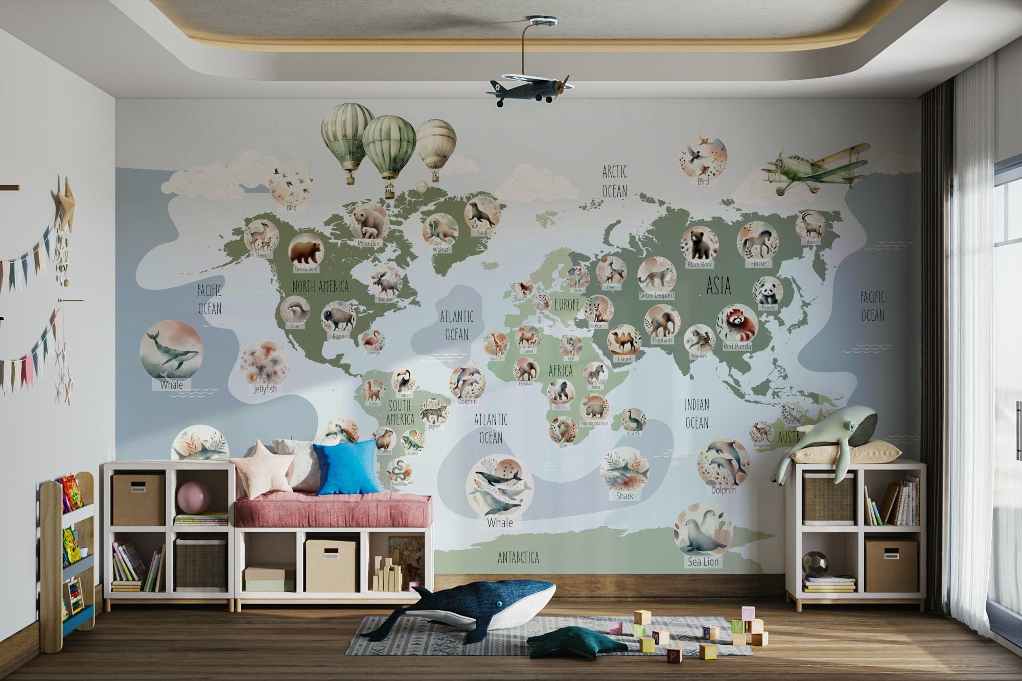 Animal World Map Mural - Kids Wallpaper