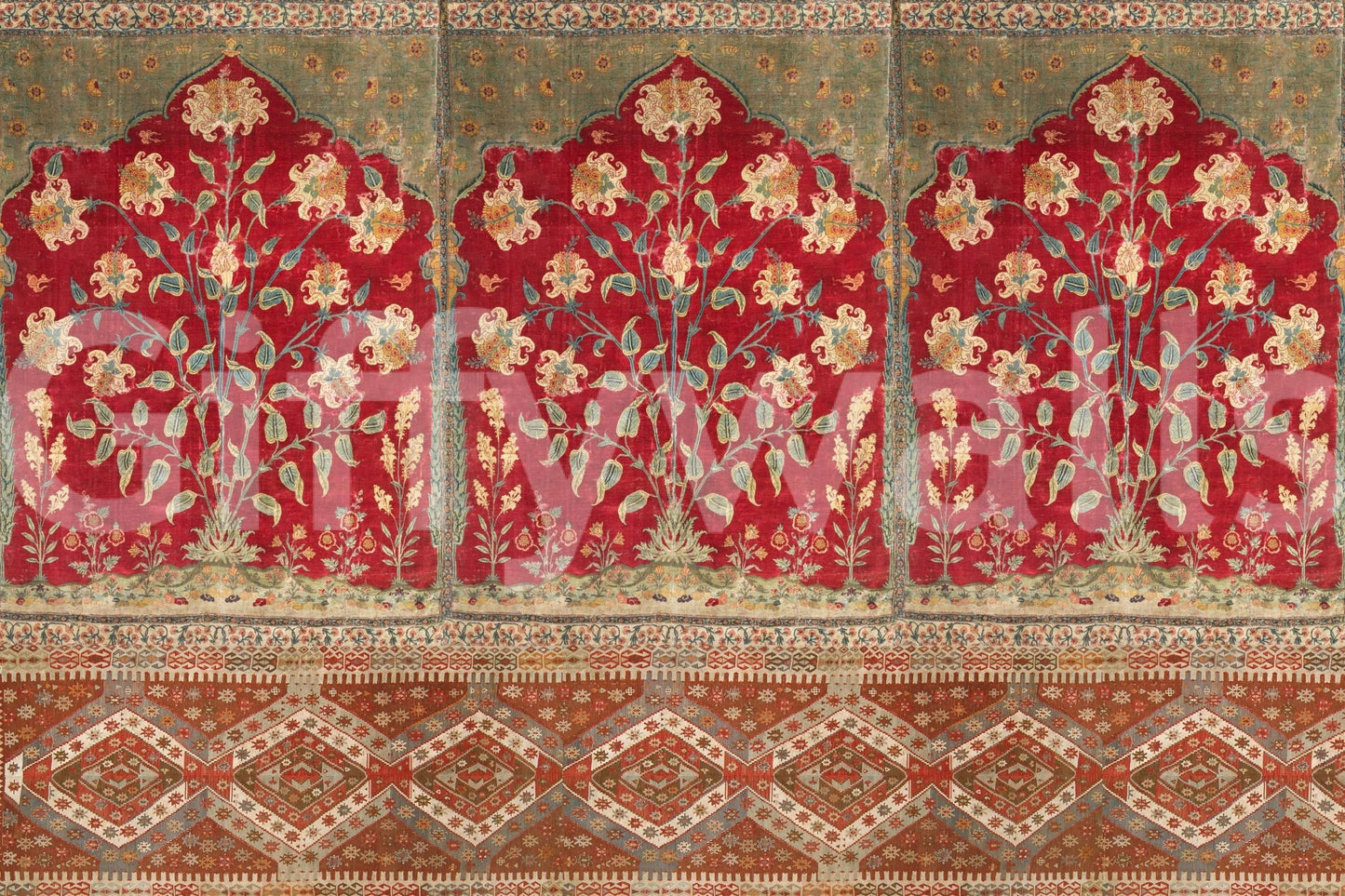 Faded floral wallpaper for a feature wall in a contemporary kitchen diner.