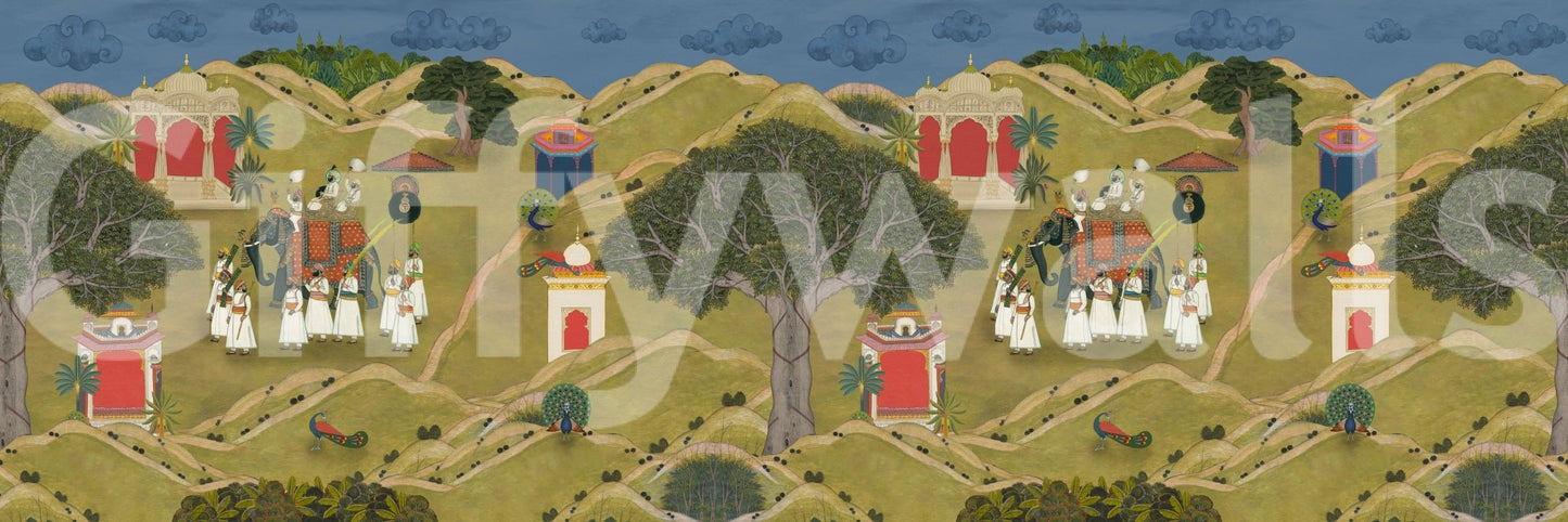 Aravali Tales mural with hand-drawn Indian miniature elements