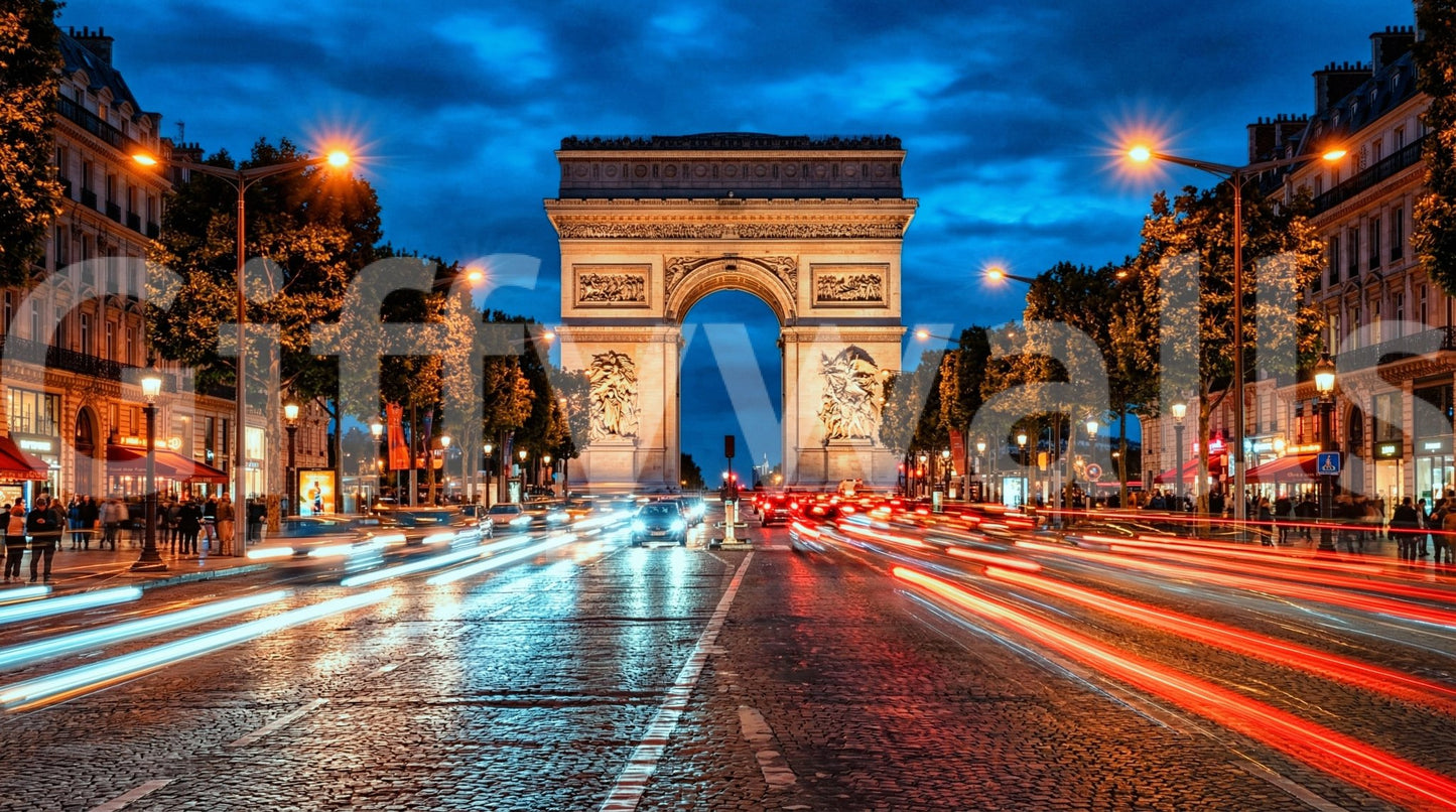 Travel-inspired wall mural with Arc de Triomphe and city motion blur