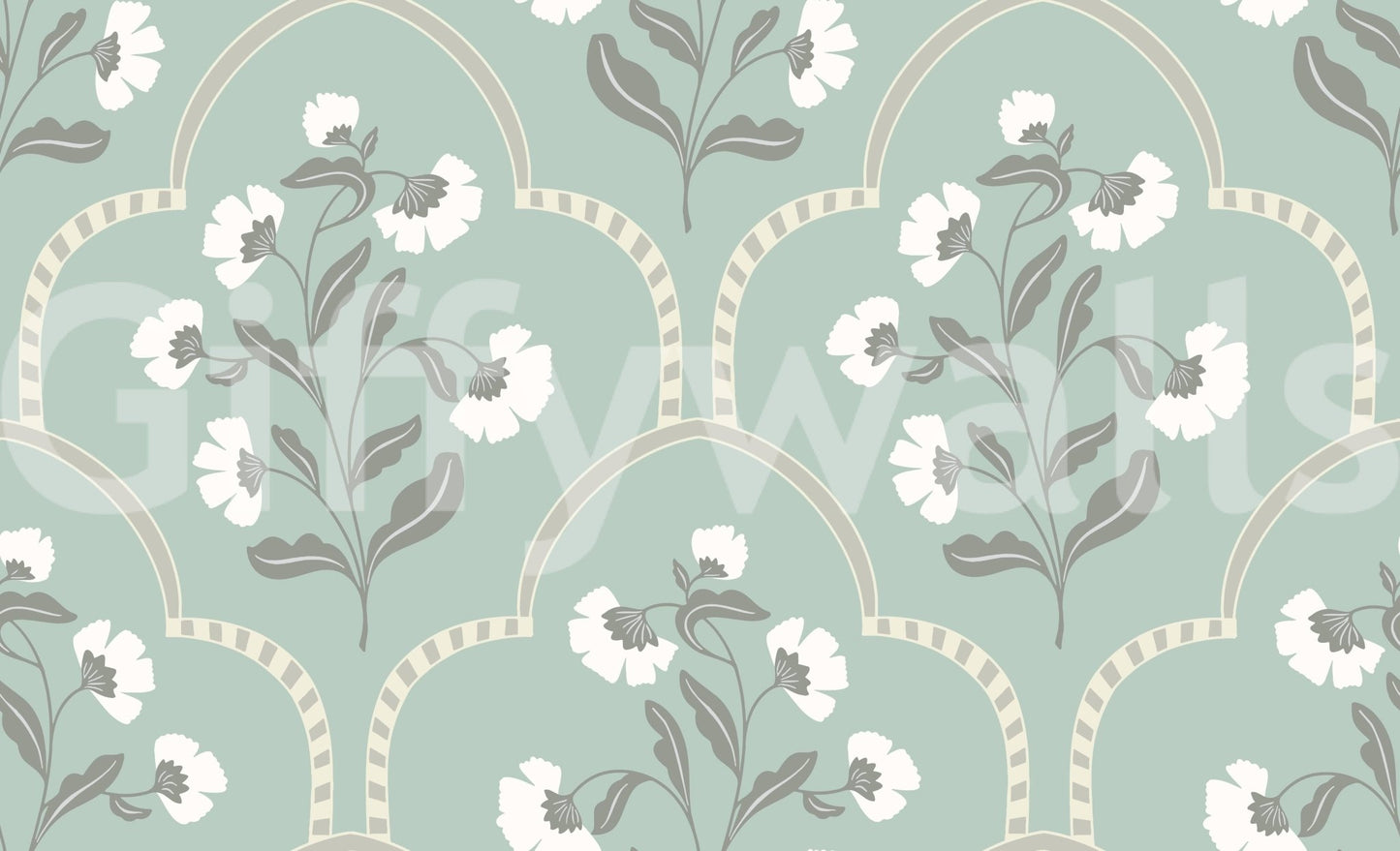 Elegant botanical wallpaper, decorative arches, soft pastel tones.