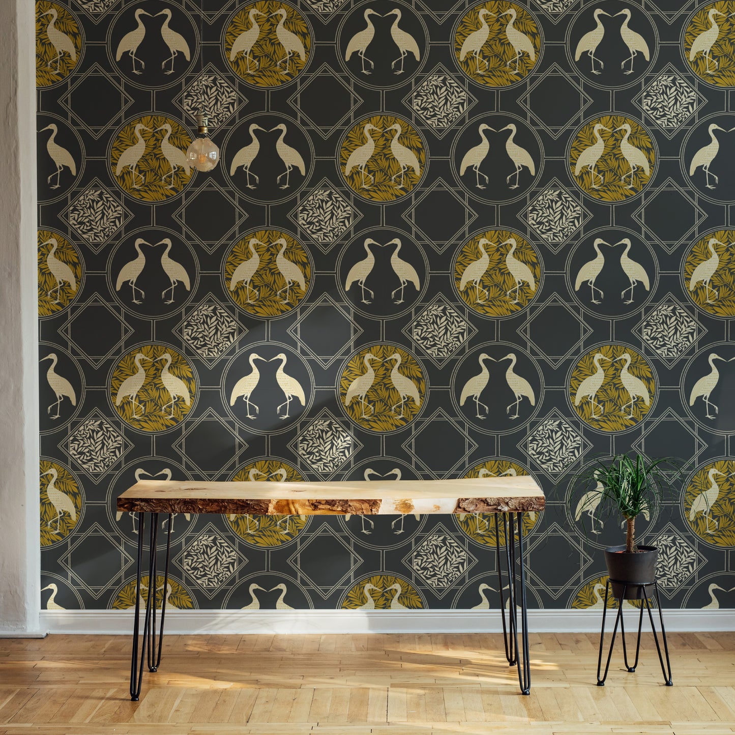 Charcoal art deco heron design wallpaper