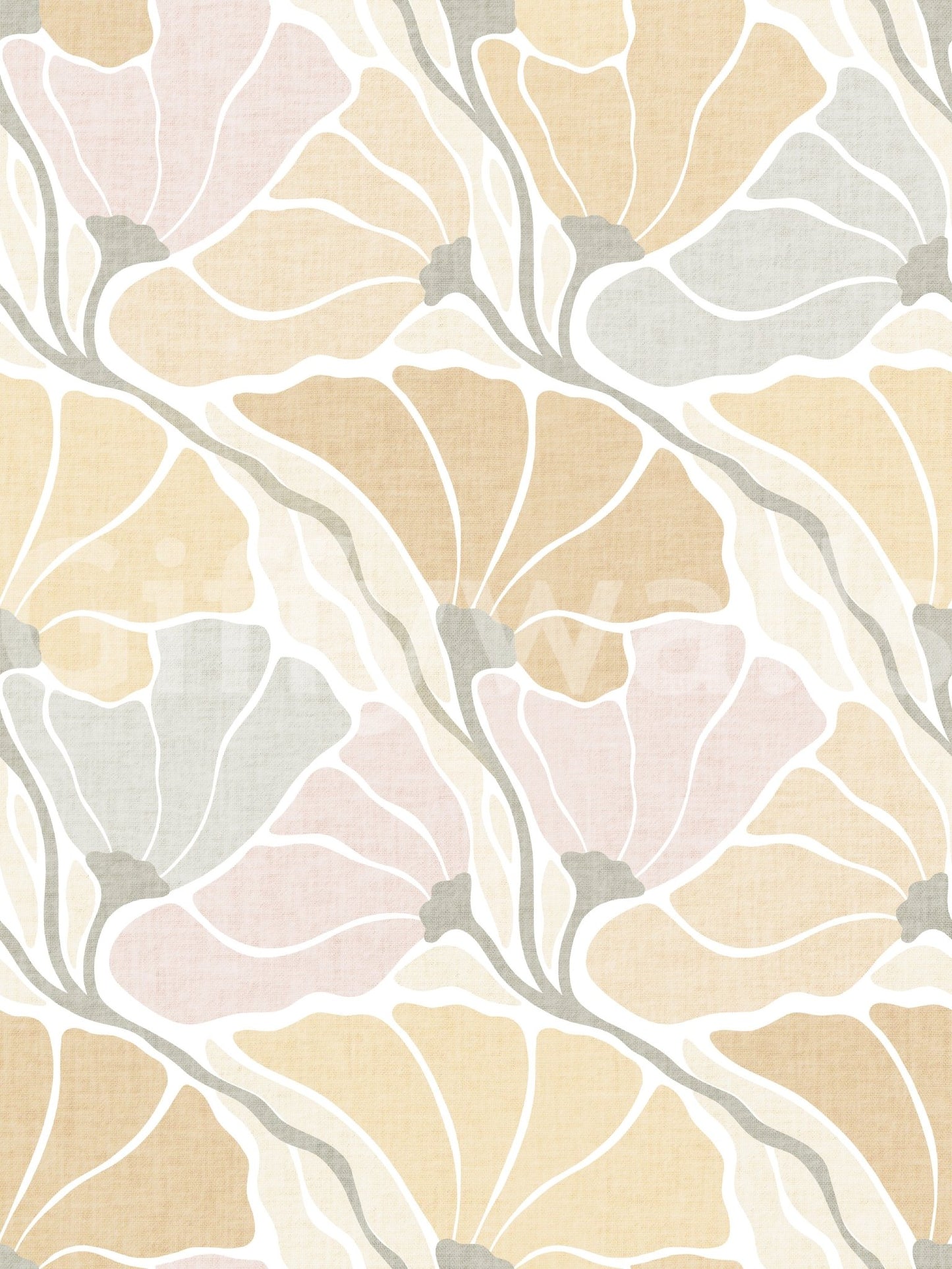 Art Nouveau Botanica Fan Flow Earthy Tones wallpaper close-up showing the pastel yellow and pink fan floral pattern