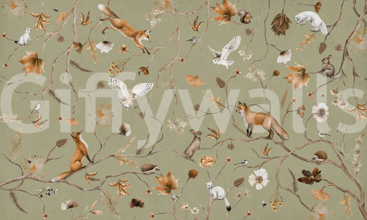 Autumn Arbor wallpaper mural shown as a full-wall design of orange foxes, white owls and rabbits among branches on sage green