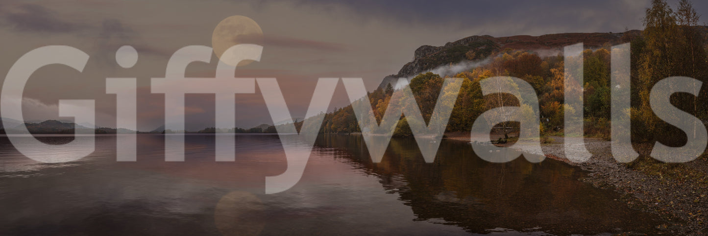 Golden fall lake wallpaper for bedroom feature wall, modern color tones