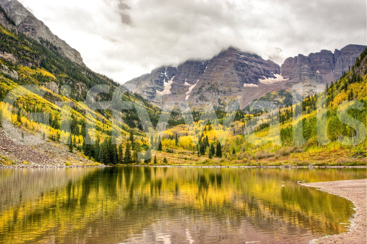 Autumn's Palette mountain lake wall mural in lounge, warm color tones, modern decor