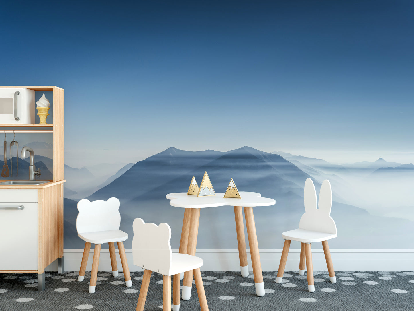 Tranquil azure hilltops mural for calming and stylish decor.