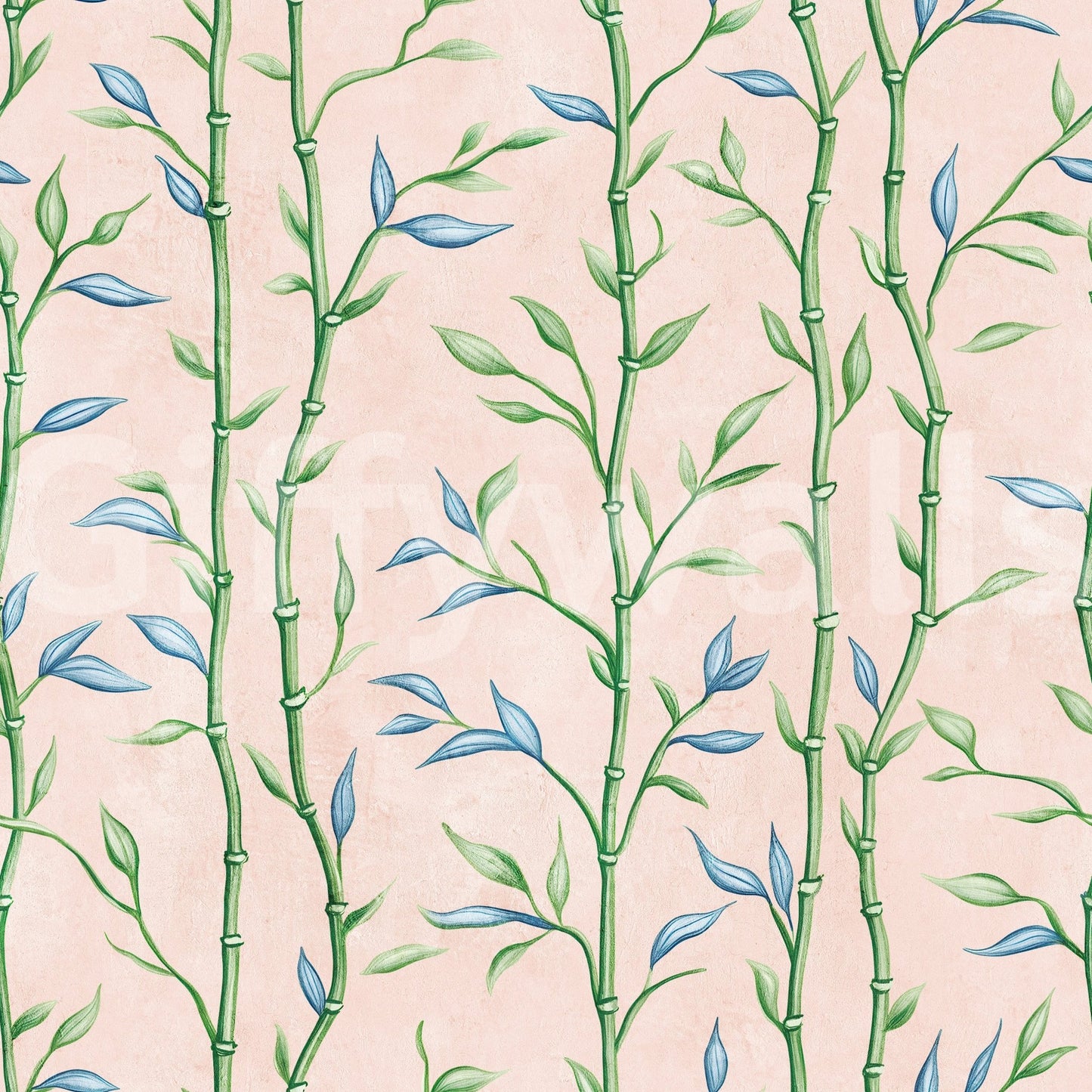 Botanical bamboo wallpaper with soft green accents on a rose-pink backdrop in Bamboo Breeze Rose