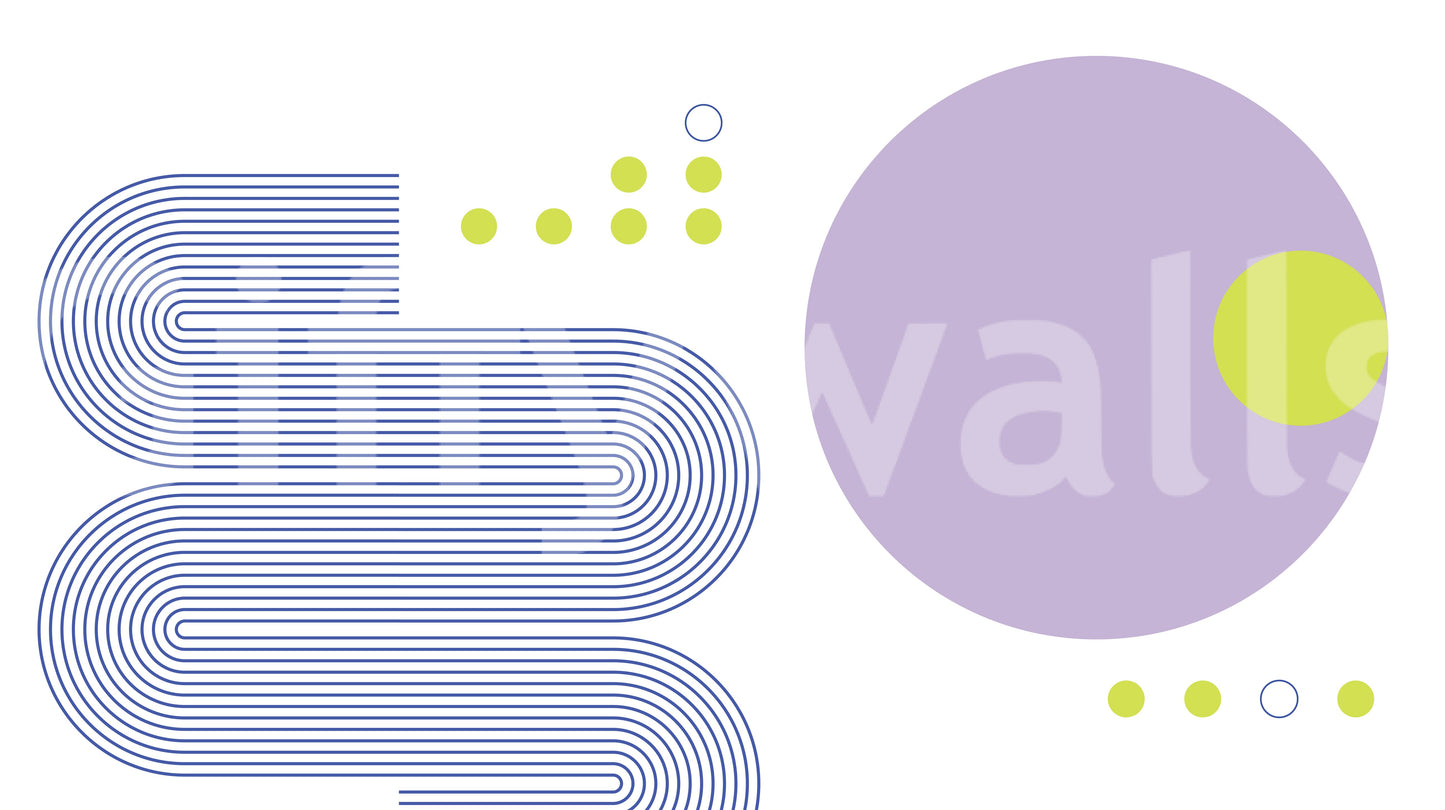 Bold Bauhaus Geometry wall mural close-up showing navy winding lines, a lavender circle and lime dots on white