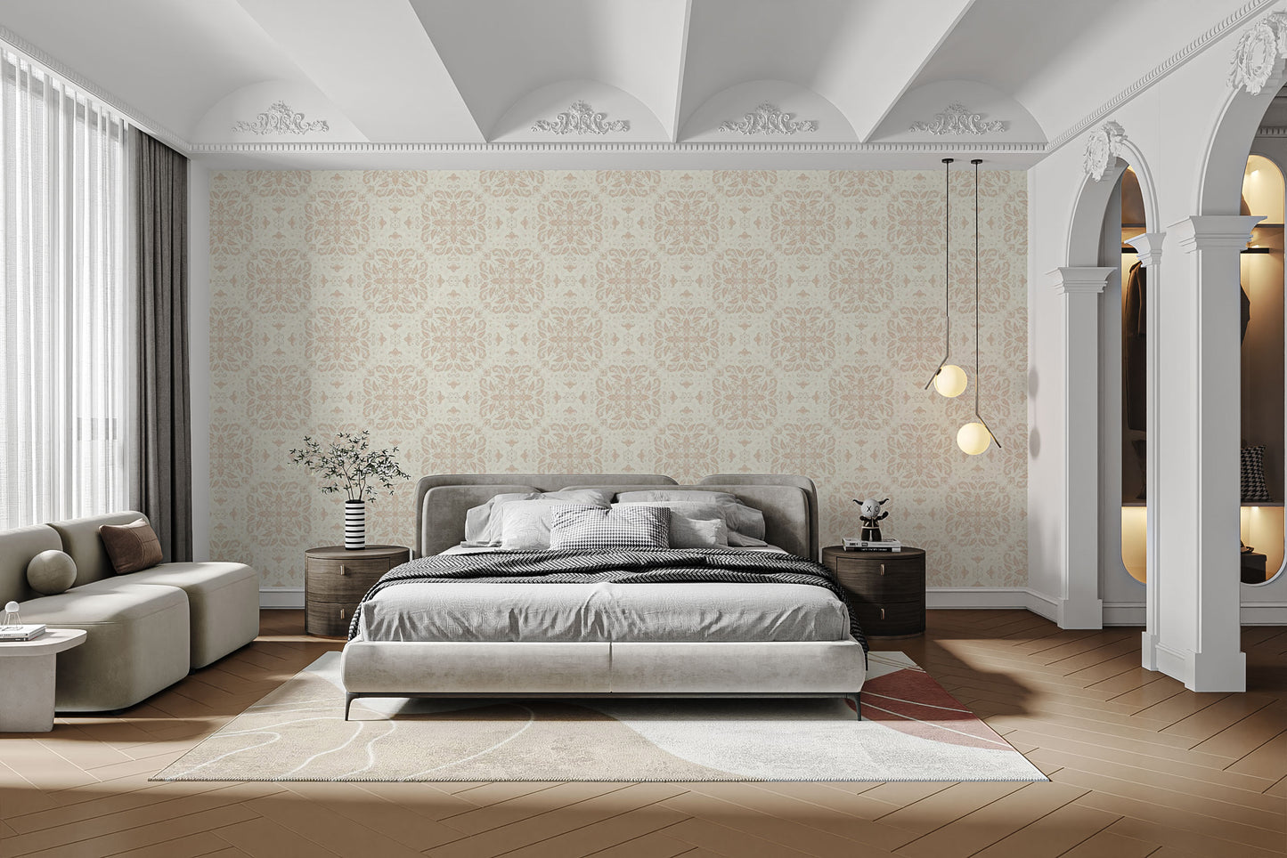 Beige damask wallpaper for refined interiors