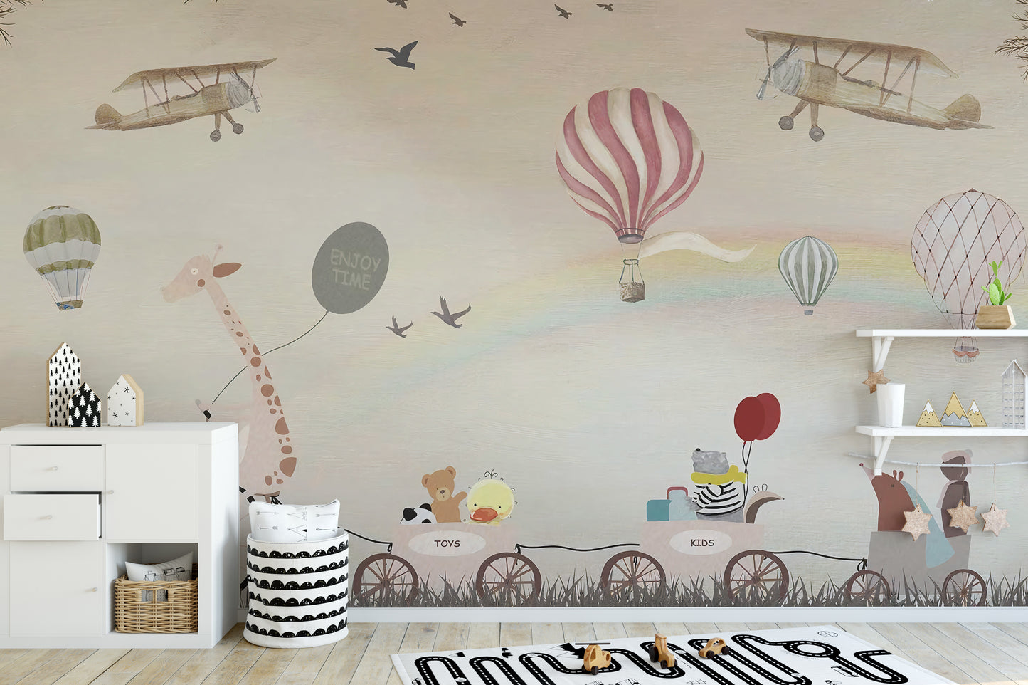 Beige Color Jovial Animals wallpaper mural styled as a feature wall in a cosy interior corner in a multicolour palette
